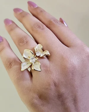 Cubic Zirconia White Enamel Flower Ring