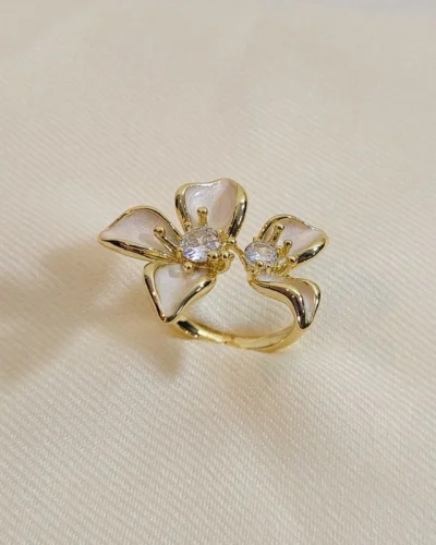 Cubic Zirconia White Enamel Flower Ring