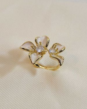 Cubic Zirconia White Enamel Flower Ring