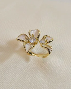Cubic Zirconia White Enamel Flower Ring