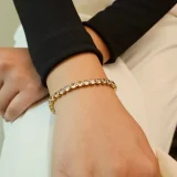 Rosé Aura pink tennis bracelet for women, Pink crystal tennis bracelet, AMOHABOLD pink bracelet, Gold pink crystal bracelet, Feminine tennis bracelet for women, Elegant pink jewellery, Anti tarnish pink bracelet, Everyday crystal bracelet, Romantic jewellery for women, Luxury look pink bracelet